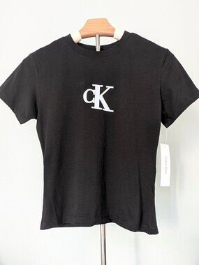 Calvin Klein Jeans Womens Black Cotton Logo Tee Shirt, Slim Fit Fitted Tee, NEW